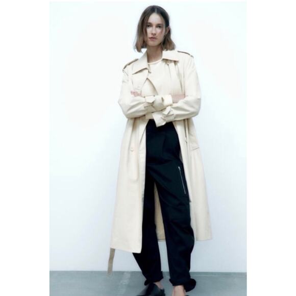 Zara Belted Faux Leather cream Trench Coat size medium oversize NWT  - Picture 2 of 16